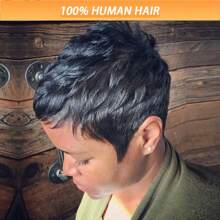 Short Layered Pixie Human Hair Wigs 1B Color Pixie Cut Wigs For Women With Bangs Brazilian Virgin Human Hair Wigs For Women Glueless Full Machine Made Wigs For Christmas Party Cosplay Daily Use Wigs