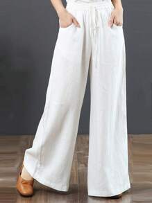 Lanwont Women's Cotton Linen Trousers Drawstring Waist Wide Leg With Pockets Loose Trousers - 白色 - 查看 5