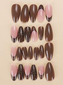 24 片杏仁形按压假指甲贴片，简约豹纹甜美酷炫法式女士指甲贴片，新款时尚指尖，配 1 片果冻胶和 1 片摩擦条，适合女性派对、舞会、日常休闲装，可拆卸可重复使用的按压指甲 - 彩色 - 查看 2