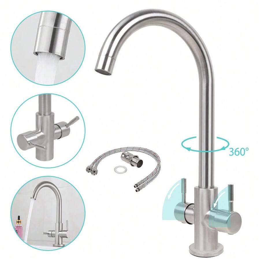 Kitchen Sink Mixer Tap Brushed Nickel Twin Lever Swivel Spout Faucet - Silver - View 1