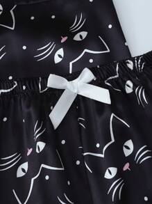 2 件套舒适黑色小猫翻领单排扣短袖口袋上衣和蝴蝶结短裤女式睡衣套装，适合家居服，春夏季，两件套 - 黑色 - 查看 5