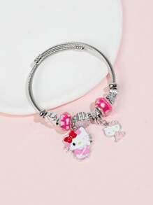 Sanrio Brățară Sanrio Hello Kitty, 1 buc. Brățară argintie cu pandantiv roz Hello Kitty la modă, potrivită pentru purtarea zilnică a femeilor