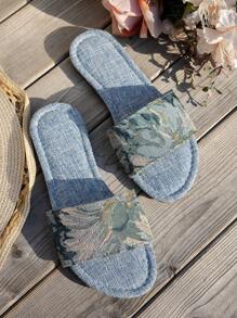 Women's Summer Sandals New Asymmetrical Floral Embroidery Strap Open Toe Round Toe, Fabric Upper Comfortable Flat Bohemian Slides, Holiday Essential - Blue Flowers - View 5