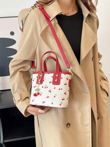 Bolso de mano elegante y lindo con estampado de cereza y dije de cereza, bolso de hombro/bandolera de moda casual adecuado para el uso diario