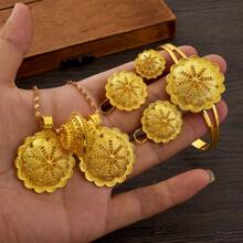 Juego de joyería con diseño geométrico de color dorado - Colgante, aretes, anillo y pulsera con diseño de flor, regalo para damas africanas o de Dubái en bodas y fiestas