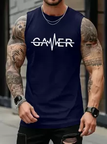 Men's Letter & Heart Print Casual Sleeveless Tank Top - Navy Blue - View 5