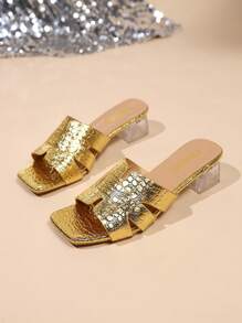 Women's Summer Square Toe Chunky Heel Slides, Solid Color Slip On Casual Comfortable Beach Sandals