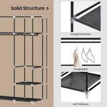 HEXCELEN Wardrobe, Freestanding Wardrobe, With Clothes Rails, Coat Stand, Fabric Shelves, Metal Frame, 3 Clothes Rails With 9 Compartments, 43 X 162 X 176cm - 黑色 - 查看 3