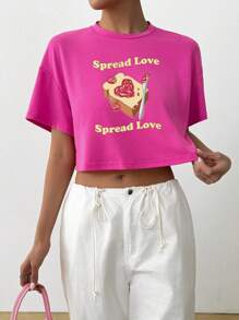 Women's Strawberry Jam & Toast Print Pattern Loose Round Neck Short Sleeve T-Shirt, Suitable For Summer, Rose Red - Hot Pink - View 2