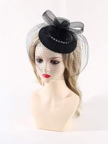 一套女士茶会帽子和手套套装，包括迷你圆帽、面纱和头饰 - 黑色 - 查看 3