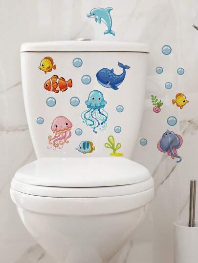 SUPSTICKER 1/2 piezas Pegatina autoadhesiva para asiento de inodoro con diseño de tortuga y algas marinas, resistente al agua y a la humedad, removible, aplicable para jardín de infantes, escuela, baños de niños/niñas, decoración de habitaciones, 11.61x11.81 pulgadas/29.5x30cm