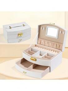 1pc Elegant Fan-Shaped 2-Layer Faux Leather Jewelry Box With Lock, Makeup Mirror, Large Capacity Dual-Option Necklace, Earring, Ring Storage, Soft Drawer, Ideal Gift For Women And Girls
