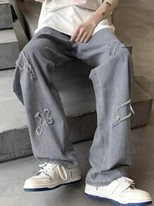 Men's Distressed Lightning Embroidered Grey Denim Jeans