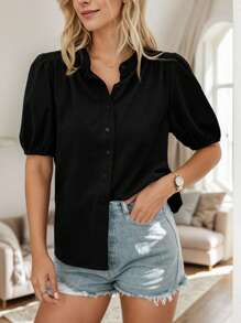 SANOPY Womens Blouses,Blouses For Women Dressy Casual,Blouses For Women Business Casual,Work Blouses For Women,Women's Summer Button-Down Short Sleeve V-Neck Cotton Top - 黑色 - 查看 3