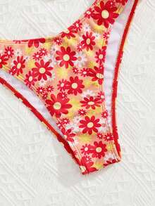 2 件套女式花卉印花无肩带比基尼套装，带金属环装饰，百搭简约休闲海滩、派对、度假泳装，适合夏季度假 - 彩色 - 查看 7