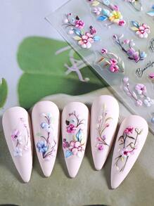 2 pezzi Adesivi per unghie floreali 5D colorati, con fantasia di fiori e foglie in rosa brillante, blu e sfumata, decorazione romantica per manicure fai-da-te, adatta per primavera-estate, con gel polish autoadesivo, decalcomanie e accessori per arte di unghie