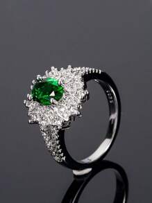 1 szt. damski pierścionek ze szmaragdowymi kryształkami, modny elegancki pierścionek z zielonym cyrkonem, biżuteria pierścionkowa, zaręczyny, prezent.
