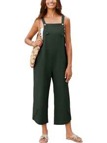 Baggy Loose Linen Overalls For Women Dual Pockets Adjustable Straps Casual Bib Jumpsuit Suspender - màu xanh lá - Xem 1