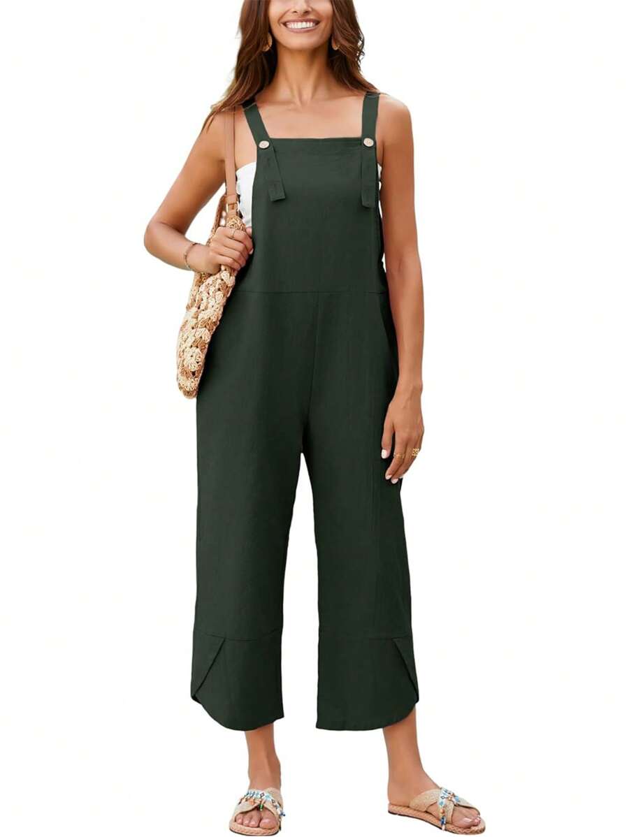 Baggy Loose Linen Overalls For Women Dual Pockets Adjustable Straps Casual Bib Jumpsuit Suspender - màu xanh lá - Xem 1