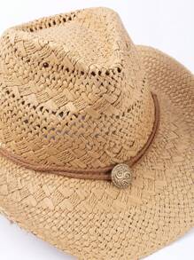 1pc Solid Color Boho Laser Cutout Rhinestone Decor UV Protection Western Cowboy Woven Straw Hat, Panama Straw Brimmed Hat, Unisex Fashion Casual Commuter, For All Seasons