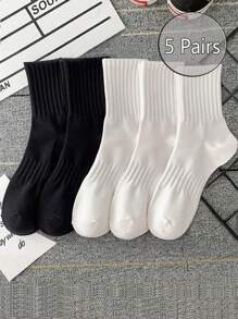 5pairs Women's Casual Black & White Mid-calf Socks For Spring And Autumn - Black and White - View 6