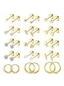 15 对小号平背耳钉，适合男女，18K 镀金防过敏手术不锈钢耳环套装，微型螺丝背软骨耳环