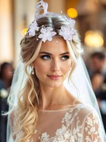 1 件装新娘婚礼花环女士白色花朵珍珠头饰配长丝带优雅花环婚礼节日花卉头饰花环新娘伴娘花童头饰婚礼派对节日礼物花环女士发饰 - 白色 - 查看 12