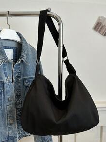 Tas Tote Bahu Kasual Modis Terbaru dengan Kapasitas Besar yang Dapat Diatur, Warna Polos, Tas Selempang Lembut untuk Komuter Wanita - Hitam - View 10