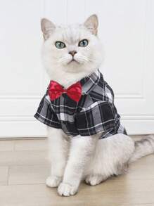 1pc Red Bow Tie & Black White Plaid Pet Shirt Set, Suitable For Indoor/Outdoor Wedding Outfit For Cats & Dogs
