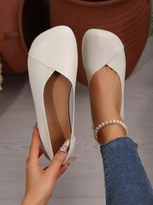 女士休闲妈妈鞋低跟舒适防滑柔软平底工作鞋春秋季 - 米色 - 查看 1