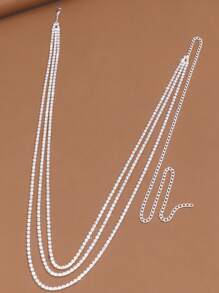 STONEFANS 1pc Fashion Multi-Layer Rhinestone Belly Chain For Women, Versatile Waist Chain Jewelry For Party Body Accessory - Silver - View 2