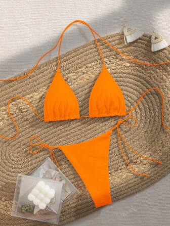 New Soft Solid Color Strappy Halter Backless Party Spaghetti Strap Bikini Set, Elegant Women Beach Fashion Swimwear, Orange