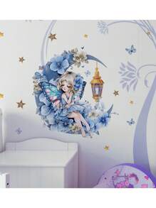 1 件优雅月亮舞动女孩花蝴蝶墙贴，自粘艺术贴花适用于卧室、儿童房装饰 - 彩色 - 查看 7
