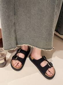 Thick Sole Comfortable Leather Buckle Casual Sandals, Summer New Soft Bottom Slippers, Beach Shoes - Black - View 4