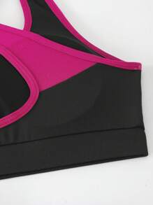 بذلة رياضية نسائية من قطعتين (خزانة ملابس علوية بسحاب وبرقبة كابوشون، وسراويل طويلة) مصنوعة من قماش مرن عالي الجودة، بألوان صلبة مع حمالة رياضية بتصميم متباين - متعدد الألوان - مشاهدة 5