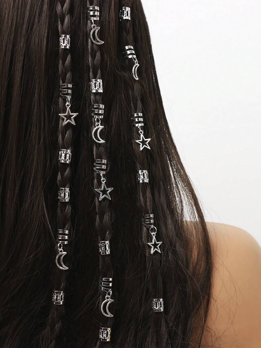 40件套星月造型发饰套装，金色个性化脏辫装饰，化妆及舞蹈头饰发夹，学习用品，发卡，波西米亚风 - 銀色 - 查看 1