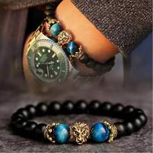 Natural Crystal Crown Lion Head Bracelet Luxury Tiger Eye Stone Bead Bracelets Jewelry