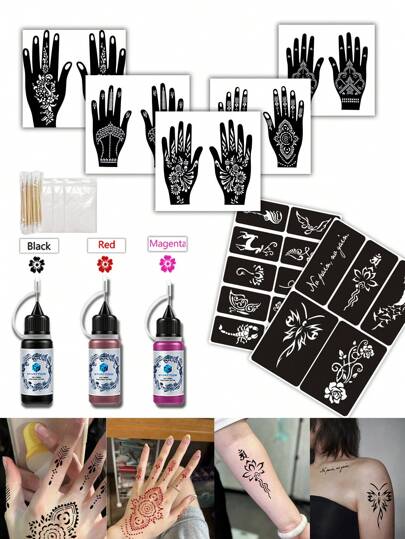 指甲花临时纹身模板、指甲花模板、染料膏套装（纹身模板 + 纹身染料膏）多种图案适合男性和女性，半永久性手部、手腕、肩部、颈部、锁骨、身体彩绘，防水仿纹身模板套件