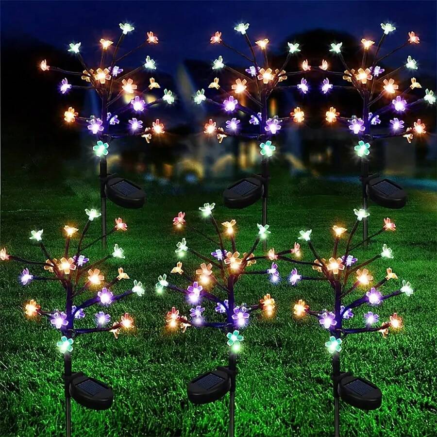 1pc Solar Double-Layer Lotus Cherry Blossom Branch Light, Solar LED Ground Plug-In Solar Lawn Light, Outdoor Waterproof Courtyard Light, Suitable For Outdoor Fences, Courtyards, Terraces, And Tree Decoration Scene Atmosphere Layout, Outdoor Garden Lighting For Pathway, Yard, Patio