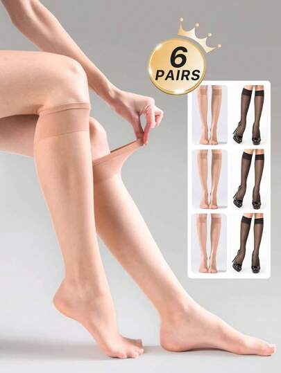 3/6/10 Pairs Women Apricot & Black 15D Knee High Stockings, Anti-Snag, Core-Spun, Sexy, Ultra-Thin, Ultra-Sheer, Versatile Thigh High Socks, Suitable For Work, Party, Gift, Fall