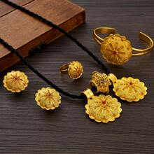 Juego de joyería con diseño geométrico de color dorado - Colgante, aretes, anillo y pulsera con diseño de flor, regalo para damas africanas o de Dubái en bodas y fiestas