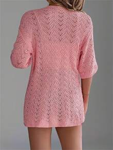 Women's Pink Hollow Out Short Sleeve Knit Cardigan, Lightweight Outwear, Suitable For Beach/Holiday, Summer - Pink - View 2