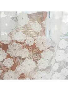 1pc White American Country Floral Semi-Sheer Curtain, Camellia Woven White Voile Sheer Panel For Living Room, Bedroom, Balcony, Hotel Decor, Without Track Or Curtain Rod