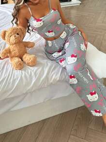 Sanrio 2 Stücke bedruckte Damen Trägerhemd Kurz Top + Gummibund gerade Hose Schlafanzug Set, Zweiteiler