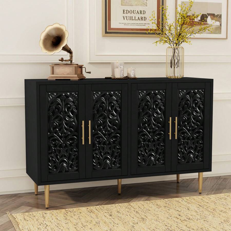 47.8" Accent Cabinet With 4 Doors, Vintage Hollow Carving Buffet Cabinet, Sideboards And Buffets With Storage Credenza For Living Room, Kitchen, Dining Room, Entryway, Hallway