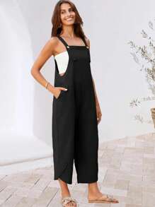Baggy Loose Linen Overalls For Women Dual Pockets Adjustable Straps Casual Bib Jumpsuit Suspender - 黑色 - 查看 3