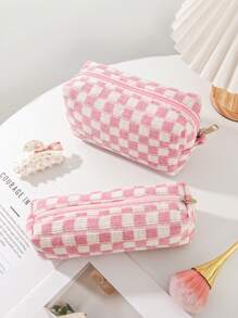 1 件粉色格纹化妆包学院风针织化妆包旅行盥洗包收纳袋可爱 DIY 化妆刷收纳袋粉色格子手柄化妆包可爱粉色铅笔盒 适合圣诞节礼物、朋友礼物、生日礼物、伴娘礼物 - 粉色 - 查看 14