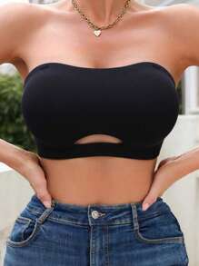 Women Seamless Strapless Bras Hollow Wireless Brassiere No Show Push Up Backless Bralette Invisible Traceless Cut Out Bandeau Basics Removable Pad Underwear Transparent Tape Tube Black Casual Solid Color Black Basic Tube NudeFit Off The Shoulder Bra Intimates Removable Padding Non-Slip Silicone Soft Padded Cups - Black - View 4