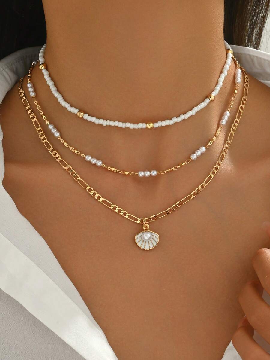3 件套波西米亚风格珠链金色贝壳吊坠项链，简约百搭女士珠宝，适合日常佩戴和度假