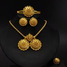 Juego de joyería con diseño geométrico de color dorado - Colgante, aretes, anillo y pulsera con diseño de flor, regalo para damas africanas o de Dubái en bodas y fiestas